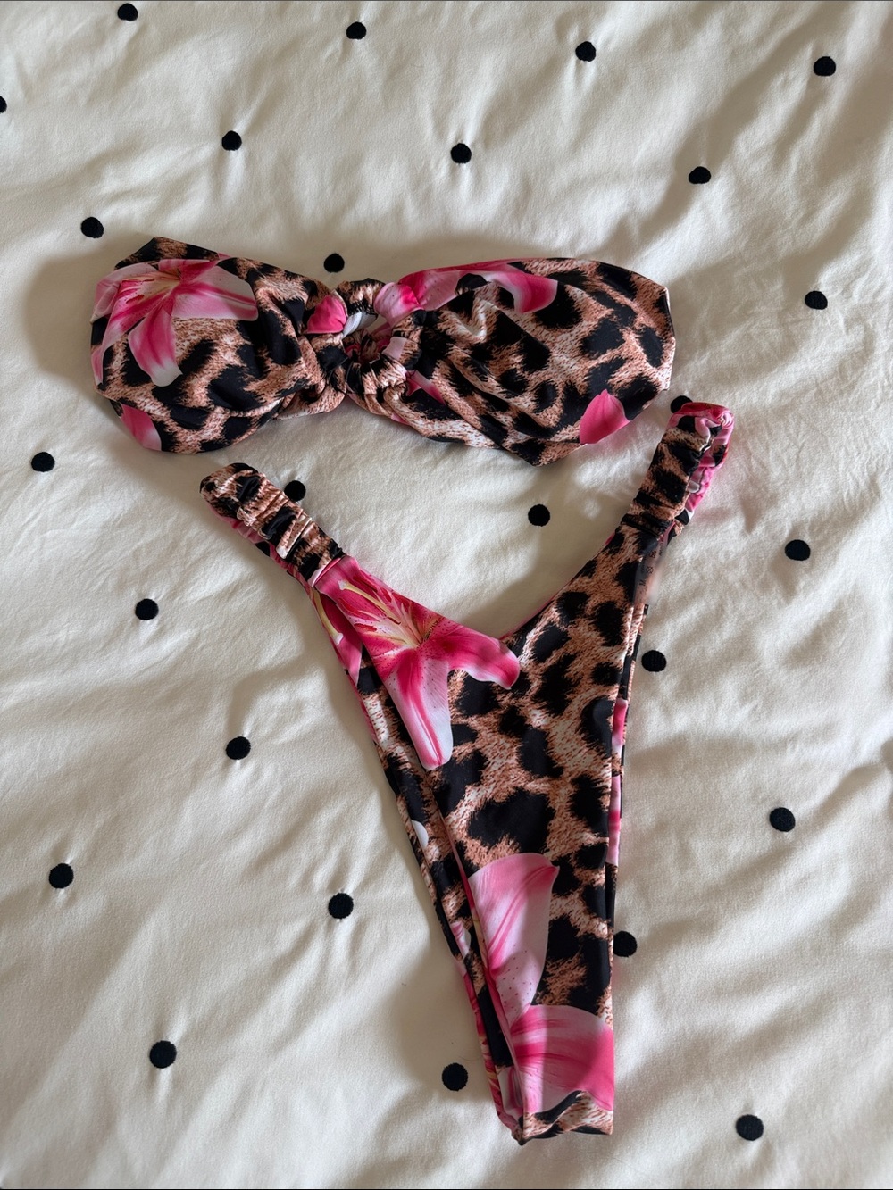 Pink Floral Leopard Print Bandeau Bikini
